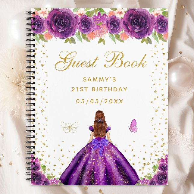 Purple Floral Brown Hair Princess Guest Book (Creator Uploaded)