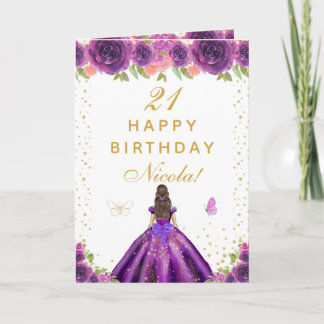 Purple Floral Brunette Hair Girl Birthday Card