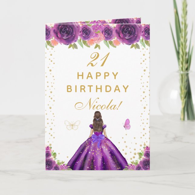 Purple Floral Brunette Hair Girl Birthday Card (Front)