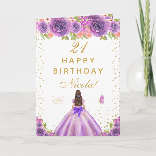 Purple Floral Brunette Hair Girl Birthday Card (Front)