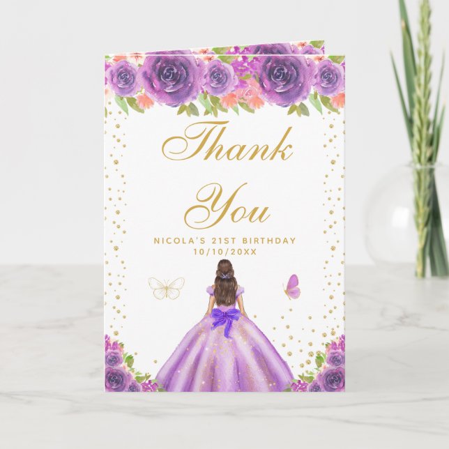 Purple Floral Brunette Hair Girl Birthday Thank You Card (Front)