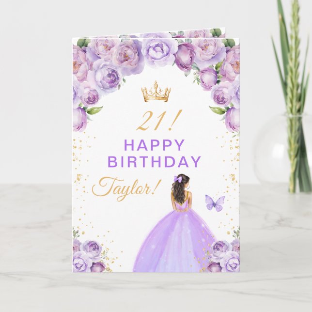 Purple Floral Brunette Hair Girl Happy Birthday Card (Front)