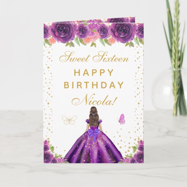 Purple Floral Brunette Hair Girl Sweet Sixteen Card (Front)
