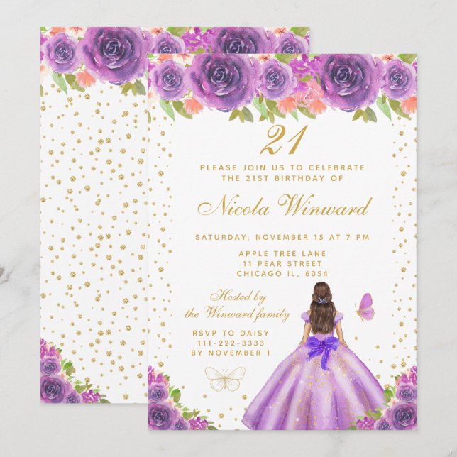 Purple Floral Brunette Hair Princess Birthday Invitation (Front/Back)