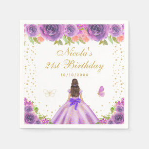 Purple Floral Brunette Hair Princess Birthday Napkin