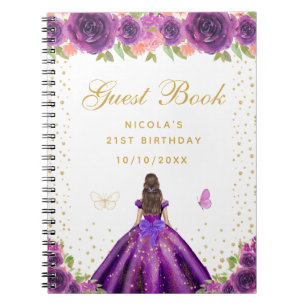 Purple Floral Brunette Hair Princess Birthday Notebook
