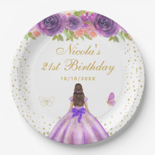 Purple Floral Brunette Hair Princess Birthday Paper Plate