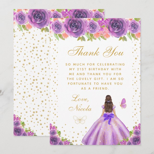 Purple Floral Brunette Hair Princess Birthday Part Thank You Card (Front/Back)
