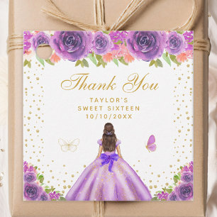 Purple Floral Brunette Hair Princess Sweet Sixteen Favour Tags