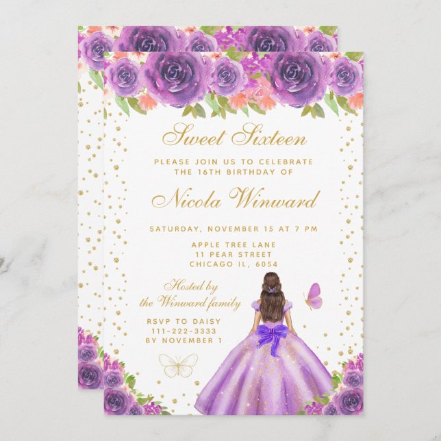 Purple Floral Brunette Hair Princess Sweet Sixteen Invitation (Front/Back)