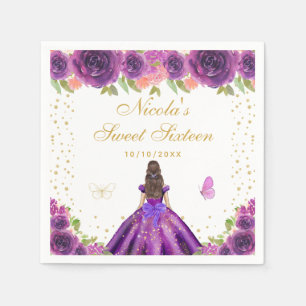 Purple Floral Brunette Hair Princess Sweet Sixteen Napkin