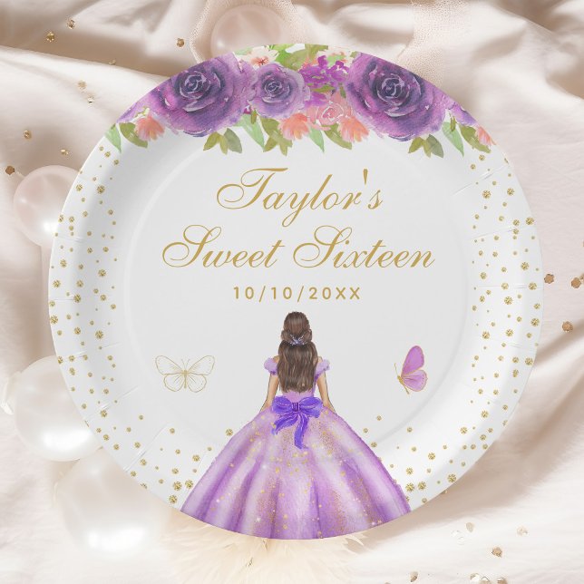 Purple Floral Brunette Hair Princess Sweet Sixteen Paper Plate (Creator Uploaded)