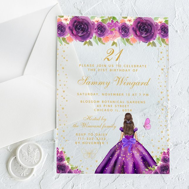 Purple Floral Brunette Princess Birthday Party Acrylic Invitations (Creator Uploaded)