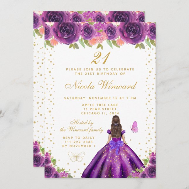Purple Floral Brunette Princess Birthday Party Invitation (Front/Back)