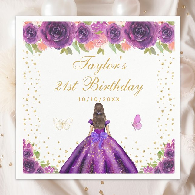 Purple Floral Brunette Princess Birthday Party Napkin (Creator Uploaded)