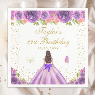 Purple Floral Brunette Princess Birthday Party Napkin