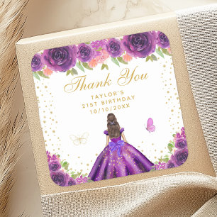 Purple Floral Brunette Princess Birthday Party Square Sticker