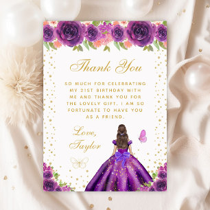 Purple Floral Brunette Princess Birthday Party Thank You Card