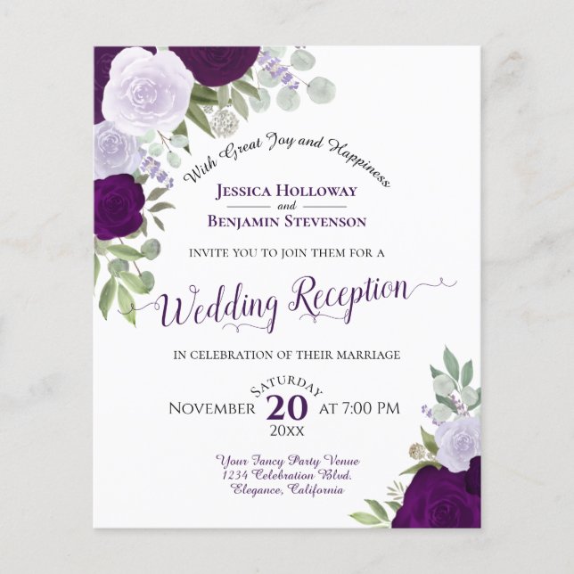 Purple Floral Budget Wedding Reception Invitation (Front)