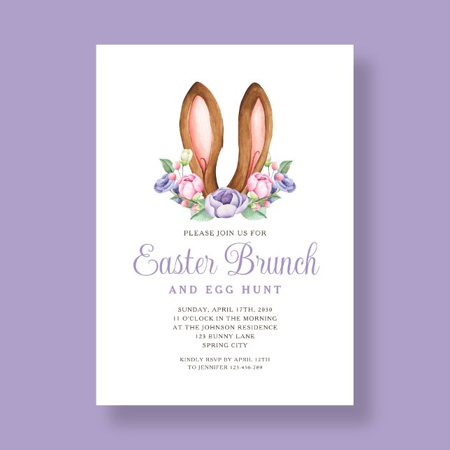Purple Floral Bunny Ears Easter Brunch Invitation (Purple Floral Bunny Ears Easter Brunch Invitation)