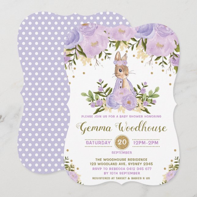 Purple Floral Bunny Rabbit Baby Shower Invitation (Front/Back)