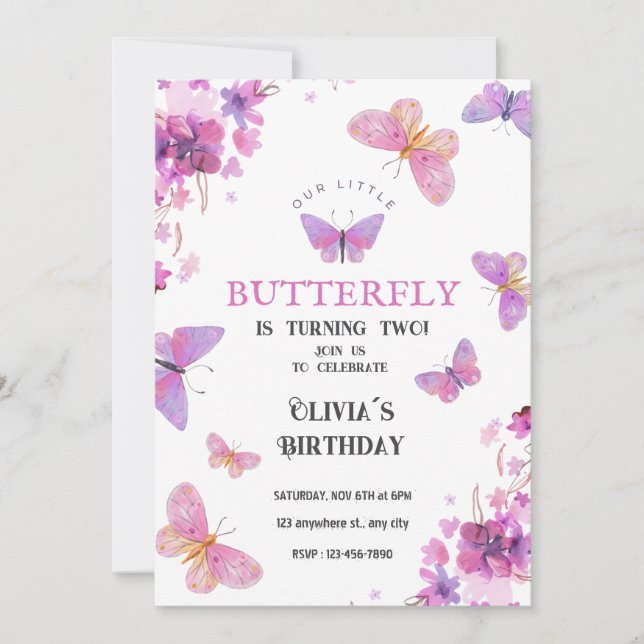 Purple Floral Butterflies Baby Birthday Invitation (Front)