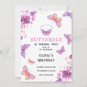Purple Floral Butterflies Baby Birthday Invitation
