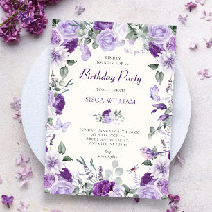 Purple floral butterflies birthday invitation
