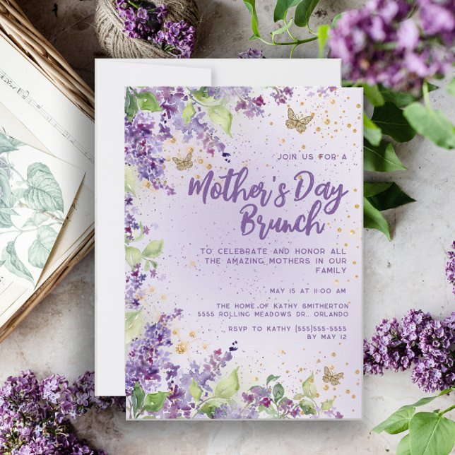Purple Floral Butterflies Gold Mother's Day Invitation (Creator Uploaded)