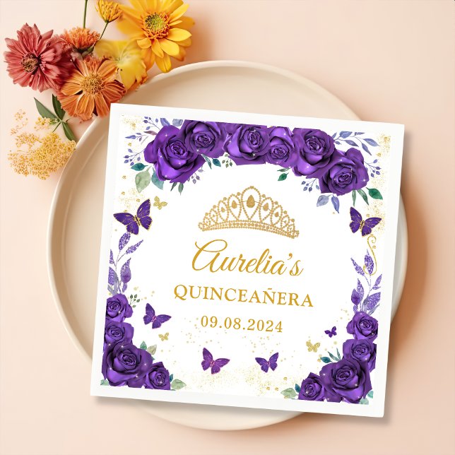 Purple Floral Butterflies Quinceanera Napkins (Creator Uploaded)