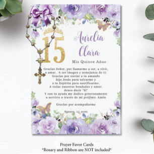 Purple Floral Butterflies Quinceañera Prayer Card