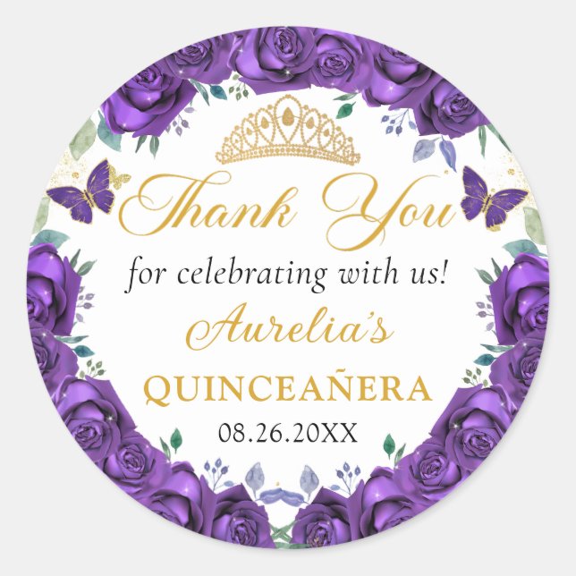 Purple Floral Butterflies Quinceañera Princess Classic Round Sticker (Front)