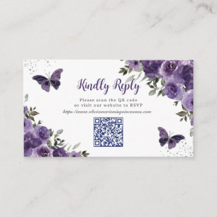 Purple Floral Butterflies Quinceañera QR Code RSVP Enclosure Card