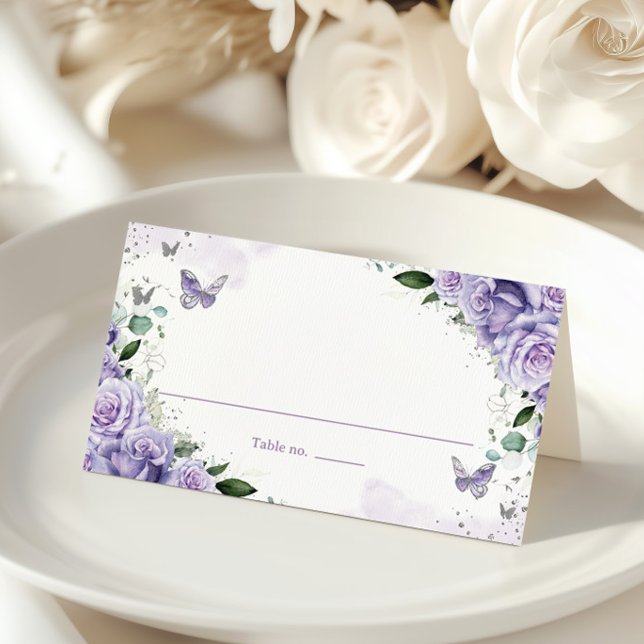 Purple Floral Butterflies Silver Quinceanera XV 16 Place Card (Creator Uploaded)