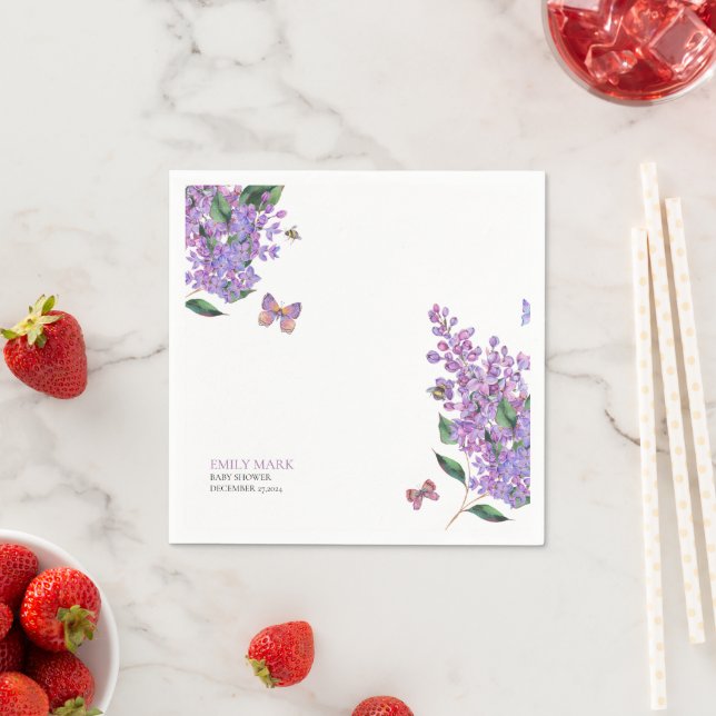 Purple floral butterfly baby shower invitation  napkin (Insitu)