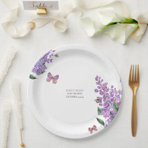 Purple floral butterfly baby shower invitation  paper plate