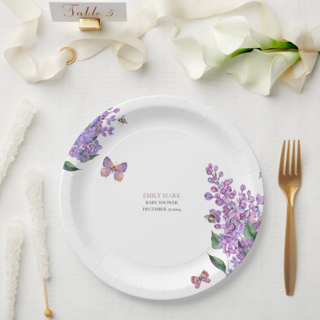 Purple floral butterfly baby shower invitation  paper plate (Wedding)