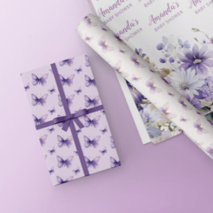 Purple Floral Butterfly Baby Shower Personalized Wrapping Paper Sheet