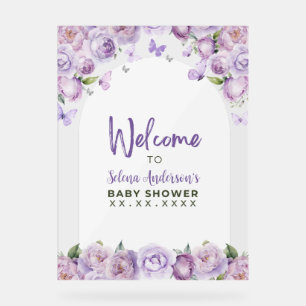 Purple Floral Butterfly Baby Shower Welcome Acrylic Sign