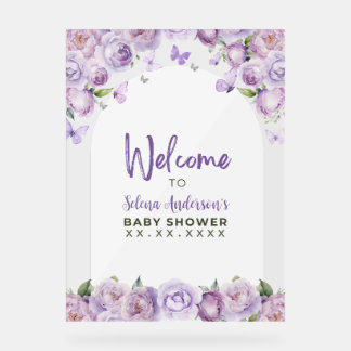 Purple Floral Butterfly Baby Shower Welcome Acrylic Sign