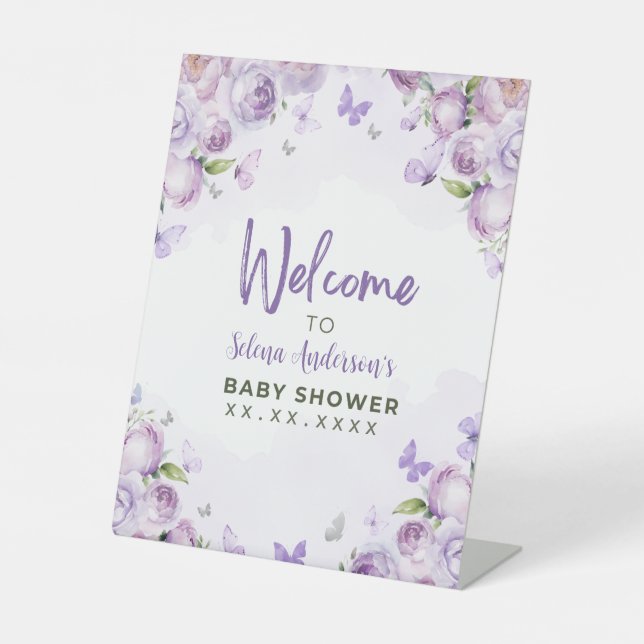Purple Floral Butterfly Baby Shower Welcome  Pedestal Sign (Front)