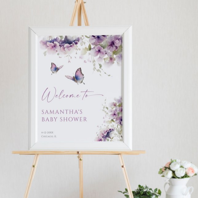 Purple floral butterfly baby shower welcome sign (Creator Uploaded)
