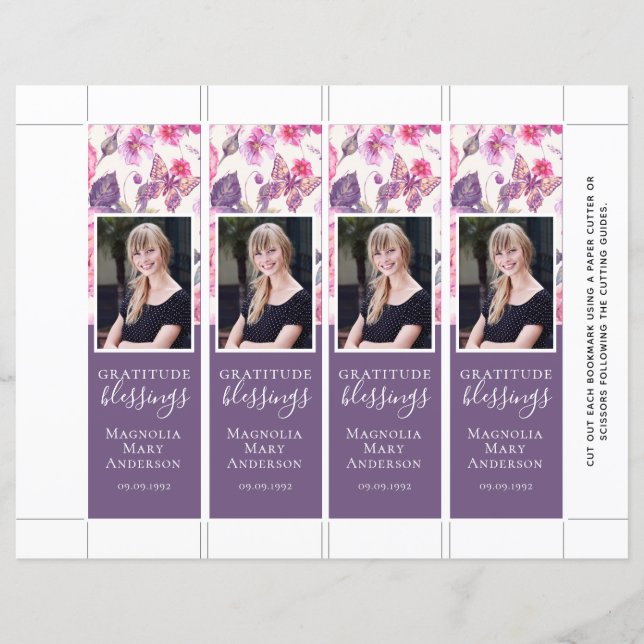 Purple Floral Butterfly Birthday Bookmark Template (Front)