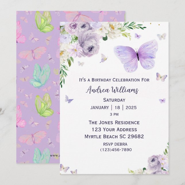 Purple Floral Butterfly Birthday Party Invitation (Front/Back)