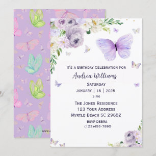 Purple Floral Butterfly Birthday Party Invitation