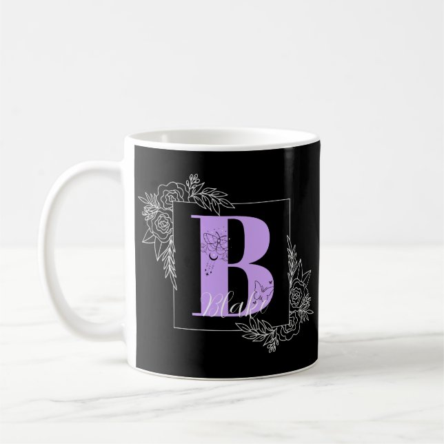 Purple Floral Butterfly Custom Monogram - Letter B Coffee Mug (Left)