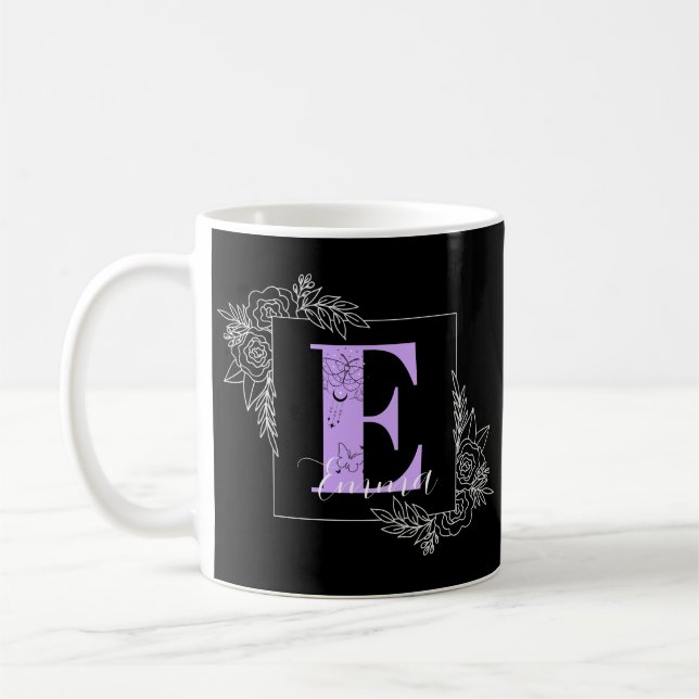 Purple Floral Butterfly Custom Monogram - Letter E Coffee Mug (Left)