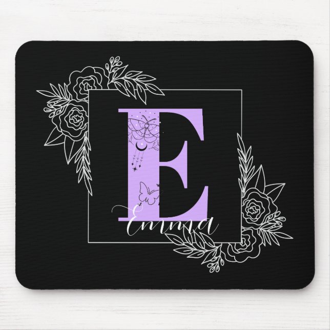 Purple Floral Butterfly Custom Monogram - Letter E Mouse Mat (Front)