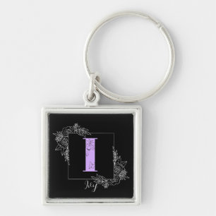 Purple Floral Butterfly Custom Monogram - Letter I Key Ring