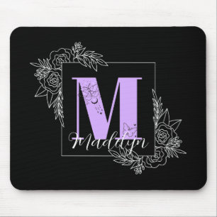 Purple Floral Butterfly Custom Monogram - Letter M Mouse Mat